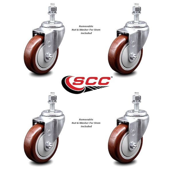 4 Inch Maroon Polyurethane Wheel Swivel 12mm Threaded Stem Caster Set SCC